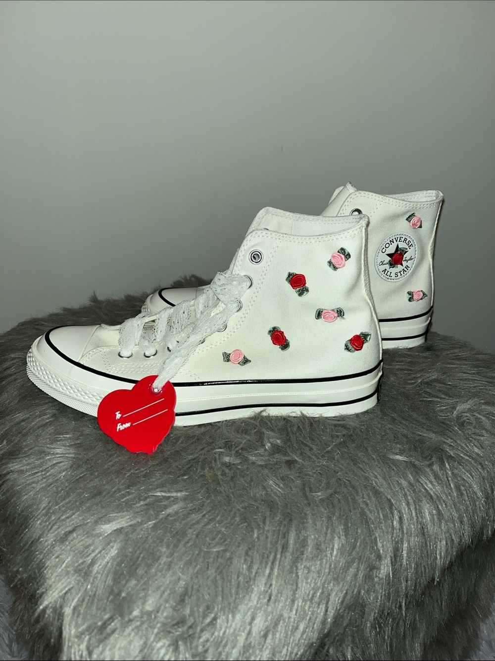 Converse All Star White High-Top Sneakers with Red & Pink Rose Embroidery